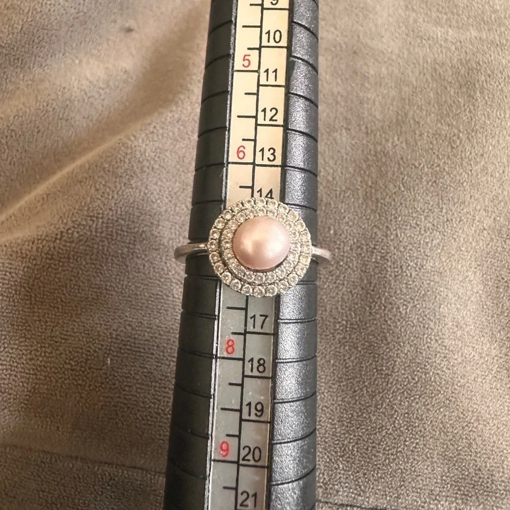 Silver and White Pearl CZ Halo Ring Size 7 Pink Cream Bridal Feminine Timeless